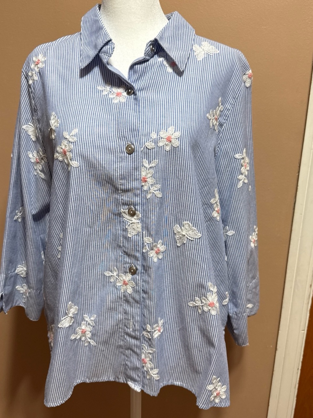 Alfred Dunner Blue & White Striped Embroidered Button-Down Shirt